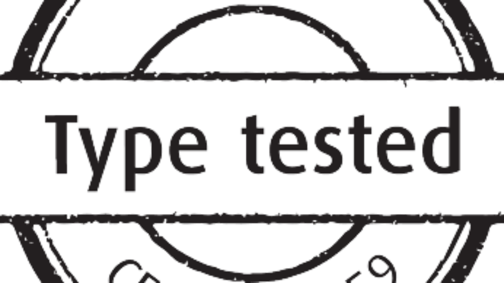 A black Type tested certification stamp logo on white backgroud showing ISO number.